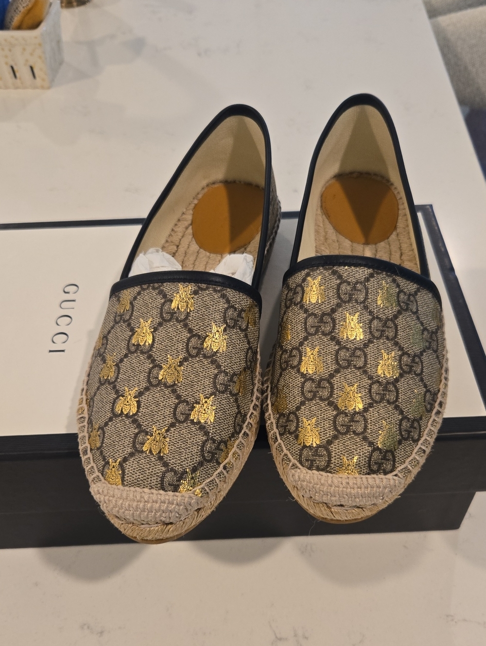 Gucci Beige GG Canvas Espadrille with Black Trim